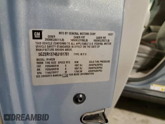 2008 Saturn Outlook XE with VIN 5GZER13748J181781, listed as a Copart auction lot 46304585 with 187,635 mi miles and Salvage title. Bid and sale history available at DreamBid. Image 15.