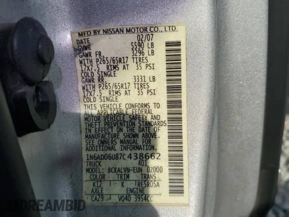2007 Nissan Frontier SE with VIN 1N6AD06U87C438662, listed as a Copart auction lot 64315545 with 197,128 mi miles and Salvage title. Bid and sale history available at DreamBid. Image 12.