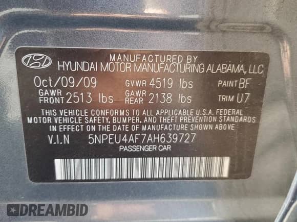 2010 Hyundai Sonata Limited с VIN 5NPEU4AF7AH639727, выставлен на аукционе Copart как лот 80072535 с пробегом 70 040 миль миль и Списание • Salvage title. История ставок и продаж доступна на DreamBid. Изображение 13.