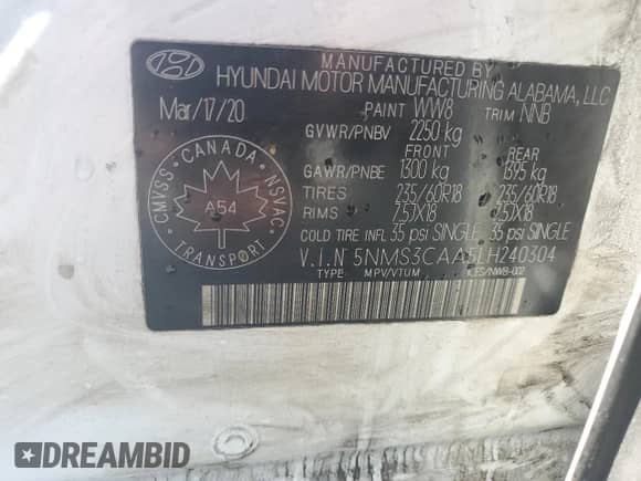 2020 Hyundai Santa Fe SEL z VIN 5NMS3CAA5LH240304, wystawiony jako Copart lot #70733835 z przebiegiem 60 196 mil mil oraz Szkoda całkowita • Salvage title. Historia ofert i sprzedaży dostępna na DreamBid. Obrazek 14.