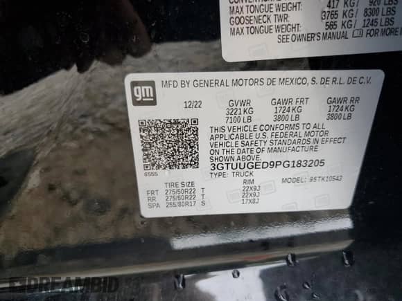 2023 GMC Sierra 1500 Denali with VIN 3GTUUGED9PG183205, listed as a Copart auction lot 69009305 with 7,355 mi miles and Salvage title. Bid and sale history available at DreamBid. Image 12.