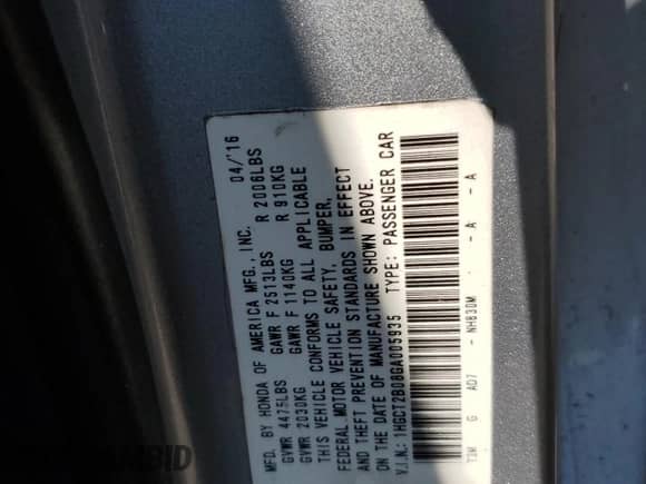 2016 Honda Accord Touring with VIN 1HGCT2B08GA005935, listed as a Copart auction lot 68085405 with Not provided miles and Salvage title. Bid and sale history available at DreamBid. Image 12.