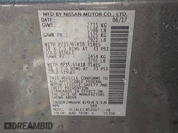 2017 Nissan Pathfinder SL with VIN 5N1DR2MNXHC694338, listed as a IAAI auction lot 42753026 with 139,895 mi miles and . Bid and sale history available at DreamBid. Image 9.