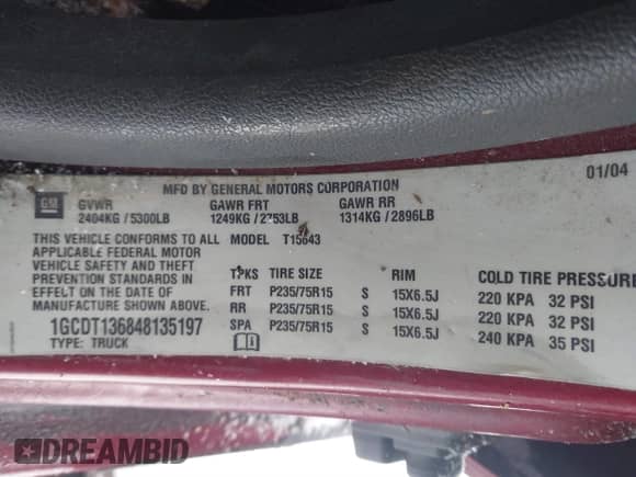 2004 Chevrolet Colorado 1SB LS Z85 с VIN 1GCDT136848135197, выставлен на аукционе IAAI как лот 41289303 с пробегом 230 818 миль миль и . История ставок и продаж доступна на DreamBid. Изображение 9.