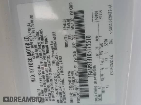 2019 Ford Mustang EcoBoost z VIN 1FA6P8TH1K5172510, wystawiony jako Copart lot #70589715 z przebiegiem 77 526 mil mil oraz Szkoda całkowita • Salvage title. Historia ofert i sprzedaży dostępna na DreamBid. Obrazek 12.