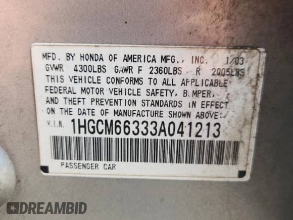 2003 Honda Accord LX с VIN 1HGCM66333A041213, выставлен на аукционе Copart как лот 65502135 с пробегом 300 848 миль миль и Списание • Salvage title. История ставок и продаж доступна на DreamBid. Изображение 12.