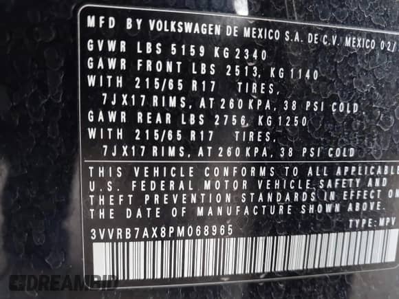 2023 Volkswagen Tiguan S с VIN 3VVRB7AX8PM068965, выставлен на аукционе IAAI как лот 42117545 с пробегом 60 121 миль миль и . История ставок и продаж доступна на DreamBid. Изображение 9.