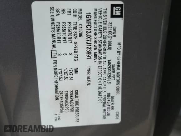 2007 Chevrolet Tahoe LS with VIN 1GNFC13JX7J123991, listed as a Copart auction lot 67625225 with Not provided miles and Salvage title. Bid and sale history available at DreamBid. Image 12.