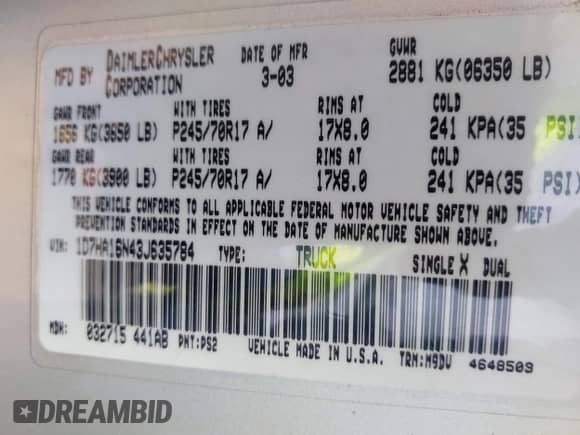 2003 Dodge 1500 ST z VIN 1D7HA16N43J635784, wystawiony jako IAAI lot #43133817 z przebiegiem 134 528 mil mil oraz . Historia ofert i sprzedaży dostępna na DreamBid. Obrazek 9.