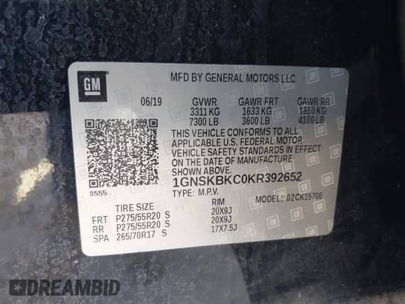 2019 Chevrolet Tahoe LT z VIN 1GNSKBKC0KR392652, wystawiony jako IAAI lot #43247964 z przebiegiem 45 218 mil mil oraz . Historia ofert i sprzedaży dostępna na DreamBid. Obrazek 9.