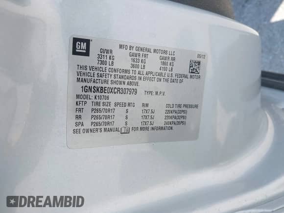 2012 Chevrolet Tahoe LT с VIN 1GNSKBE0XCR307979, выставлен на аукционе IAAI как лот 42420715 с пробегом 235 925 миль миль и . История ставок и продаж доступна на DreamBid. Изображение 9.