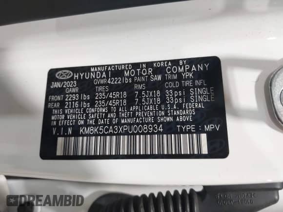 2023 Hyundai Kona Limited с VIN KM8K5CA3XPU008934, выставлен на аукционе IAAI как лот 42268244 с пробегом 73 177 миль миль и . История ставок и продаж доступна на DreamBid. Изображение 9.
