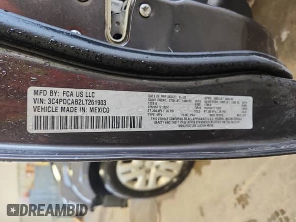 2020 Dodge Journey SE Value with VIN 3C4PDCAB2LT261903, listed as a Copart auction lot 70824805 with 141,964 mi miles and Salvage title. Bid and sale history available at DreamBid. Image 13.