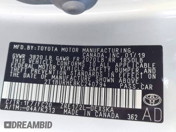 2019 Toyota Corolla L z VIN 2T1BURHE8KC240794, wystawiony jako IAAI lot #42922021 z przebiegiem 117 801 mil mil oraz . Historia ofert i sprzedaży dostępna na DreamBid. Obrazek 9.