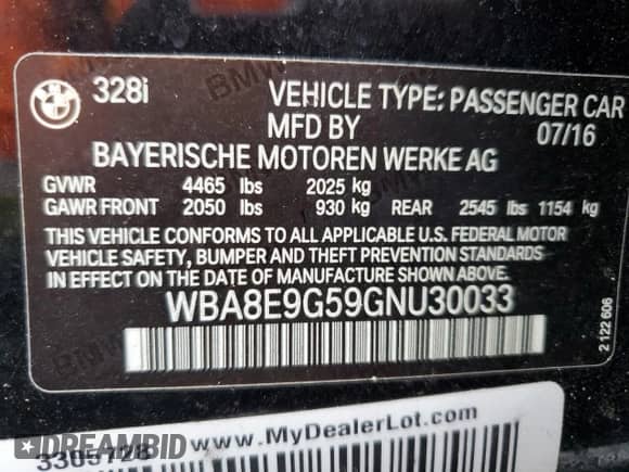 2016 BMW 3 Series 328i with VIN WBA8E9G59GNU30033, listed as a Copart auction lot 80550345 with 142,191 mi miles and Salvage title. Bid and sale history available at DreamBid. Image 12.