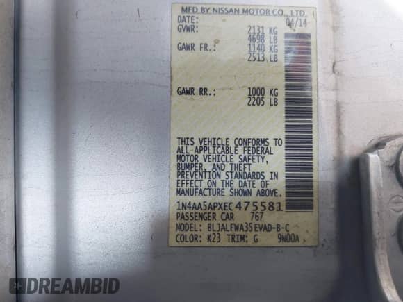 2014 Nissan Maxima SV with VIN 1N4AA5APXEC475581, listed as a IAAI auction lot 42554613 with 156,412 mi miles and . Bid and sale history available at DreamBid. Image 9.