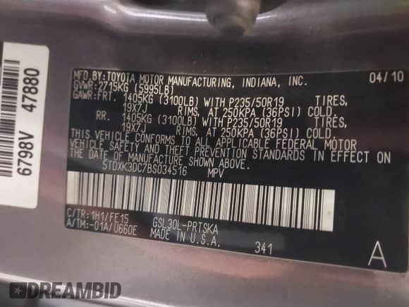 2011 Toyota Sienna SE with VIN 5TDXK3DC7BS034516, listed as a IAAI auction lot 41539955 with 209,309 mi miles and . Bid and sale history available at DreamBid. Image 9.