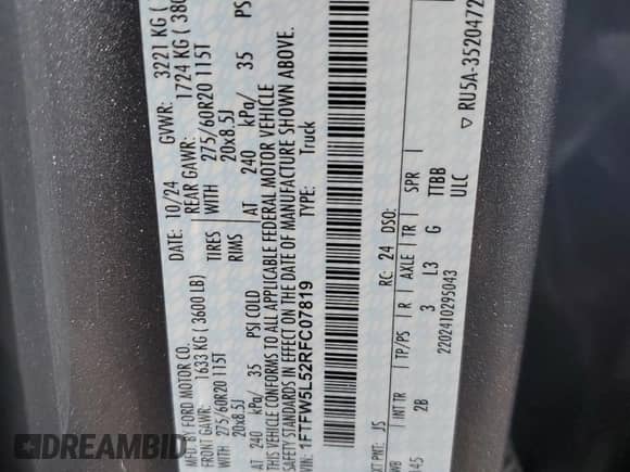 2024 Ford F-150 Lariat with VIN 1FTFW5L52RFC07819, listed as a Copart auction lot 84196965 with 11,287 mi miles and Salvage title. Bid and sale history available at DreamBid. Image 12.