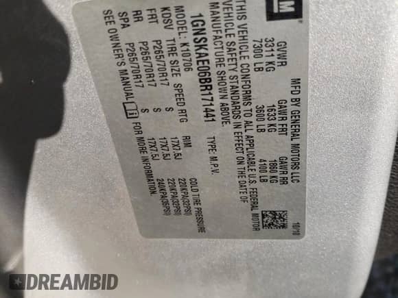 2011 Chevrolet Tahoe LS с VIN 1GNSKAE06BR171441, выставлен на аукционе Copart как лот 68772005 с пробегом 251 010 миль миль и Списание • Salvage title. История ставок и продаж доступна на DreamBid. Изображение 13.