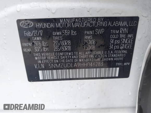 2017 Hyundai Santa Fe 2.0T with VIN 5NMZUDLA9HH046283, listed as a IAAI auction lot 42016725 with 119,209 mi miles and . Bid and sale history available at DreamBid. Image 9.