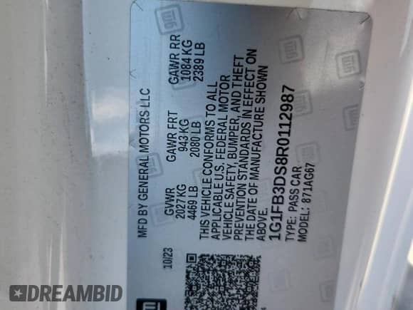 2024 Chevrolet Camaro 1LT с VIN 1G1FB3DS8R0112987, выставлен на аукционе Copart как лот 85785735 с пробегом Не указан миль и Списание • Salvage title. История ставок и продаж доступна на DreamBid. Изображение 13.