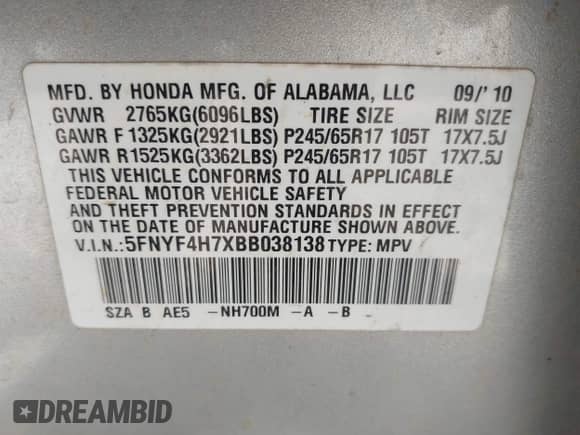 2011 Honda Pilot EX-L с VIN 5FNYF4H7XBB038138, выставлен на аукционе IAAI как лот 42694369 с пробегом 255 235 миль миль и . История ставок и продаж доступна на DreamBid. Изображение 9.