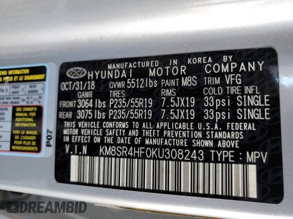 2019 Hyundai Santa Fe Limited Ultimate с VIN KM8SR4HF0KU308243, выставлен на аукционе Copart как лот 64029525 с пробегом 61 290 миль миль и Списание • Salvage title. История ставок и продаж доступна на DreamBid. Изображение 13.