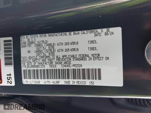 2024 Toyota Tacoma SR5 with VIN 3TMLB5JN5RM051339, listed as a IAAI auction lot 41241754 with 7,181 mi miles and . Bid and sale history available at DreamBid. Image 9.