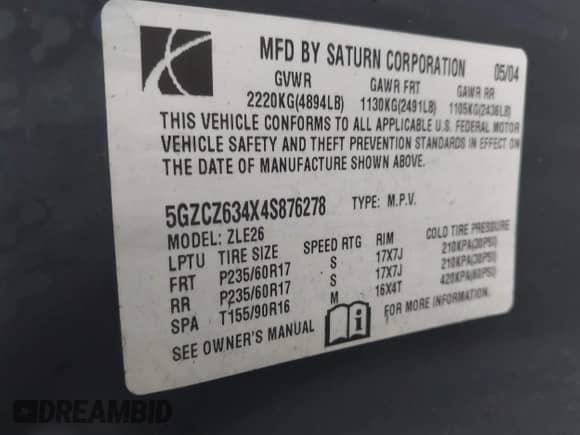 2004 Saturn VUE V6 с VIN 5GZCZ634X4S876278, выставлен на аукционе IAAI как лот 41613259 с пробегом 243 875 миль миль и . История ставок и продаж доступна на DreamBid. Изображение 9.