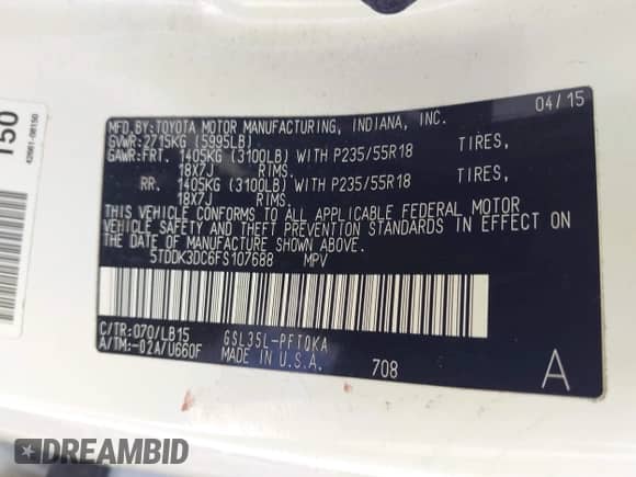 2015 Toyota Sienna Limited with VIN 5TDDK3DC6FS107688, listed as a IAAI auction lot 43090403 with 189,772 mi miles and . Bid and sale history available at DreamBid. Image 9.