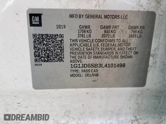 2020 Chevrolet Sonic LT с VIN 1G1JD6SB3L4101498, выставлен на аукционе Copart как лот 81619615 с пробегом 99 965 миль миль и Чистый • Clean title. История ставок и продаж доступна на DreamBid. Изображение 12.