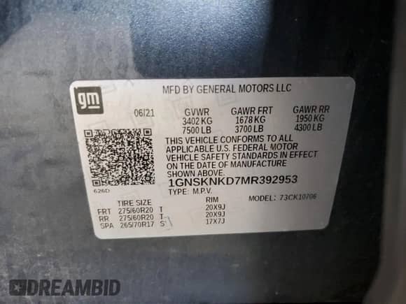 2021 Chevrolet Tahoe LT with VIN 1GNSKNKD7MR392953, listed as a Copart auction lot 70033825 with 64,012 mi miles and Salvage title. Bid and sale history available at DreamBid. Image 14.