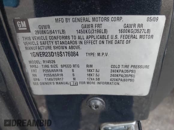 2009 Chevrolet Traverse 2LT with VIN 1GNER23D19S176084, listed as a IAAI auction lot 43446174 with 188,408 mi miles and . Bid and sale history available at DreamBid. Image 9.