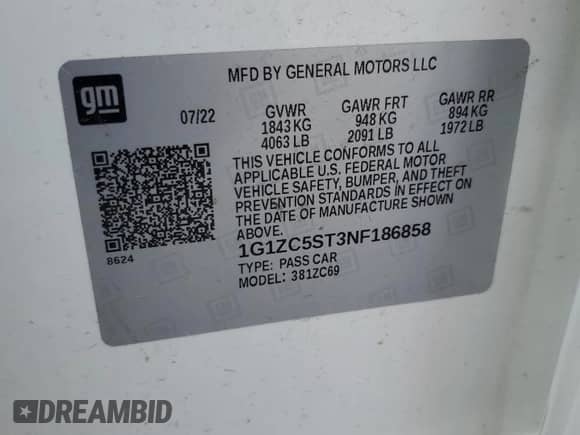 2022 Chevrolet Malibu LS с VIN 1G1ZC5ST3NF186858, выставлен на аукционе Copart как лот 70927725 с пробегом 34 483 миль миль и Списание • Salvage title. История ставок и продаж доступна на DreamBid. Изображение 12.