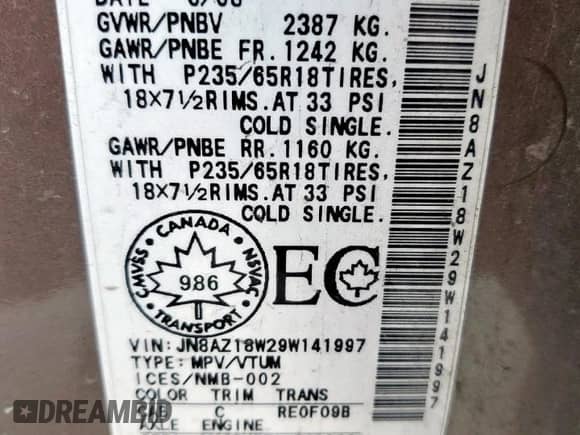 2009 Nissan Murano S with VIN JN8AZ18W29W141997, listed as a Copart auction lot 68039585 with 312,472 mi miles and Clean title. Bid and sale history available at DreamBid. Image 13.