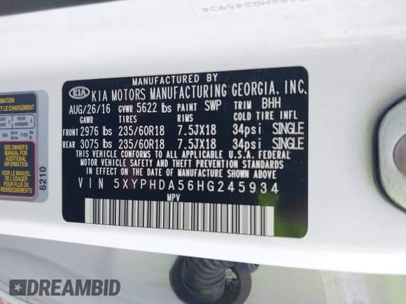 2017 Kia Sorento EX with VIN 5XYPHDA56HG245934, listed as a IAAI auction lot 42692837 with 147,833 mi miles and . Bid and sale history available at DreamBid. Image 9.