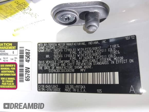 2013 Toyota Sienna XLE AAS with VIN 5TDYK3DC3DS308298, listed as a IAAI auction lot 41292280 with 165,638 mi miles and . Bid and sale history available at DreamBid. Image 9.