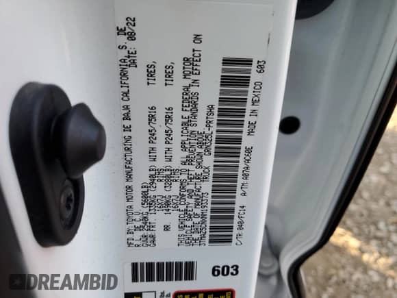 2022 Toyota Tacoma SR5 z VIN 3TMAZ5CNXNM193373, wystawiony jako Copart lot #85957944 z przebiegiem 21 134 mil mil oraz Szkoda całkowita • Salvage title. Historia ofert i sprzedaży dostępna na DreamBid. Obrazek 12.