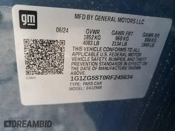 2024 Chevrolet Malibu RS с VIN 1G1ZG5ST0RF245634, выставлен на аукционе Copart как лот 64025915 с пробегом 13 376 миль миль и На запчасти • Non repairable. История ставок и продаж доступна на DreamBid. Изображение 12.