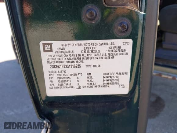 2003 Chevrolet Silverado 1500 LT with VIN 2GCEK19T331316925, listed as a IAAI auction lot 43375888 with 227,139 mi miles and . Bid and sale history available at DreamBid. Image 9.