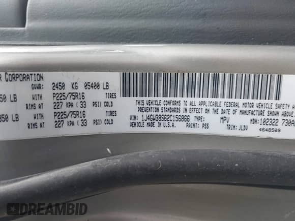 2002 Jeep Grand Cherokee Sport with VIN 1J4GW38S62C156866, listed as a IAAI auction lot 42879186 with 194,324 mi miles and . Bid and sale history available at DreamBid. Image 9.
