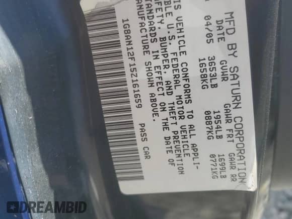 2005 Saturn ION ION 2 с VIN 1G8AN12F15Z161659, выставлен на аукционе Copart как лот 67096425 с пробегом Не указан миль и Чистый • Clean title. История ставок и продаж доступна на DreamBid. Изображение 12.