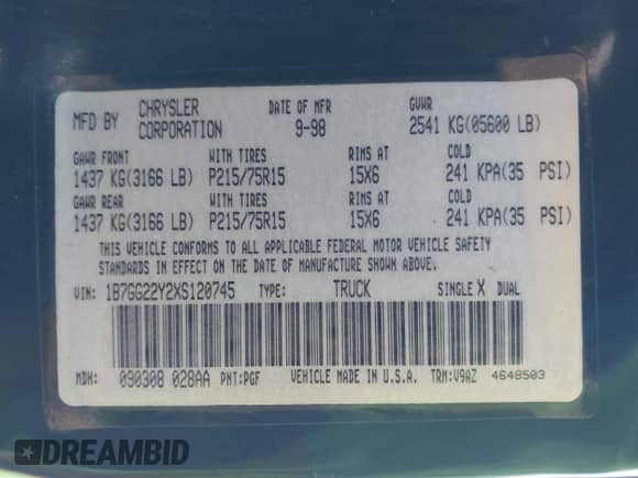 1999 Dodge Dakota SLT с VIN 1B7GG22Y2XS120745, выставлен на аукционе IAAI как лот 42032442 с пробегом Не указан миль и . История ставок и продаж доступна на DreamBid. Изображение 9.
