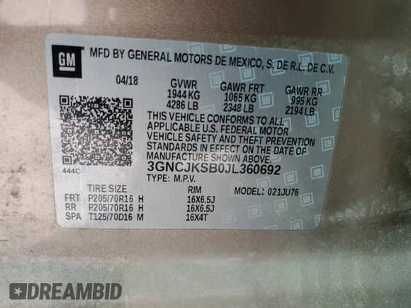 2018 Chevrolet Trax LS with VIN 3GNCJKSB0JL360692, listed as a Copart auction lot 83869195 with 134,178 mi miles and Non repairable. Bid and sale history available at DreamBid. Image 13.