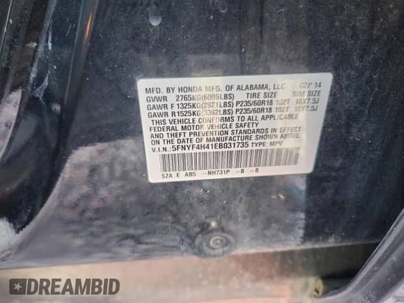 2014 Honda Pilot EX with VIN 5FNYF4H41EB031735, listed as a Copart auction lot 87399015 with 184,952 mi miles and Clean title. Bid and sale history available at DreamBid. Image 13.