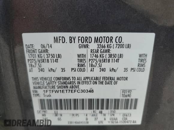 2014 Ford F-150 XLT с VIN 1FTFW1ET7EFC30348, выставлен на аукционе Copart как лот 83843225 с пробегом 201 198 миль миль и Списание • Salvage title. История ставок и продаж доступна на DreamBid. Изображение 12.