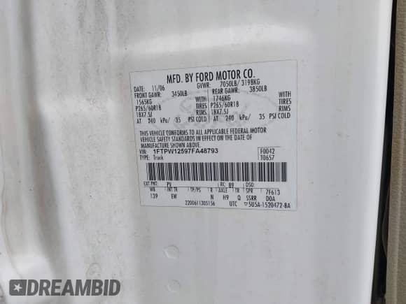 2007 Ford F-150 XLT с VIN 1FTPW12597FA48793, выставлен на аукционе IAAI как лот 43540553 с пробегом 146 138 миль миль и . История ставок и продаж доступна на DreamBid. Изображение 9.