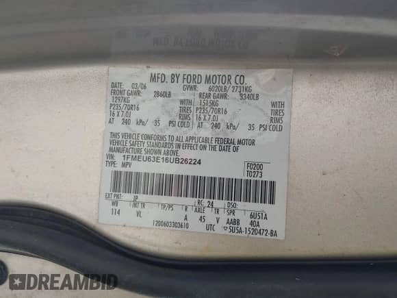2006 Ford Explorer XLT with VIN 1FMEU63E16UB26224, listed as a IAAI auction lot 43202684 with 221,291 mi miles and . Bid and sale history available at DreamBid. Image 9.