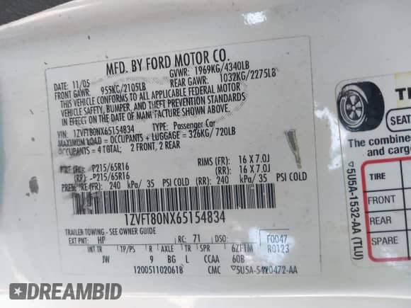 2006 Ford Mustang Standard with VIN 1ZVFT80NX65154834, listed as a IAAI auction lot 43204488 with 205,315 mi miles and . Bid and sale history available at DreamBid. Image 9.