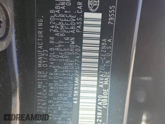 2023 Toyota Camry LE z VIN 4T1R11AK7PU774707, wystawiony jako Copart lot #84275165 z przebiegiem 42 170 mil mil oraz Szkoda całkowita • Salvage title. Historia ofert i sprzedaży dostępna na DreamBid. Obrazek 12.